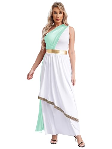 Jugaoge Damen Griechische Göttin Kostüm One Shoulder Midi Toga Kleid mit Faltenrock Römerin Cosplay Uniform Weihnachten Party Outfits Mintgrün 3XL von Jugaoge