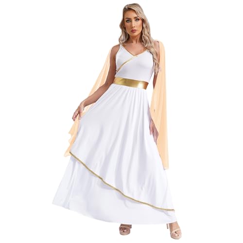 Jugaoge Damen Halloween Kostüme Göttin der Schönheit Toga Kleid mit Goldene Besatz Umschlagtücher Aphrodite Cosplay Kleid gr. S-4XL Sekt XXL von Jugaoge