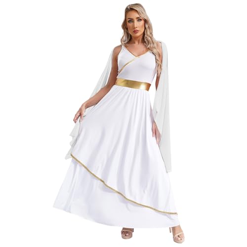 Jugaoge Damen Halloween Kostüme Göttin der Schönheit Toga Kleid mit Goldene Besatz Umschlagtücher Aphrodite Cosplay Kleid gr. S-4XL Weiß S von Jugaoge