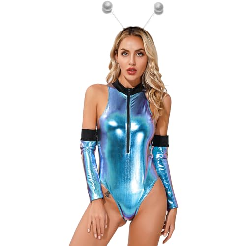 Jugaoge Damen Lack Leder Body Ärmellos Stringbody mit Neckholder Zipper Vorne Tanzbody + Lange Handschuhe + Alien Haarreifen Gogo Clubwear Bunt L von Jugaoge