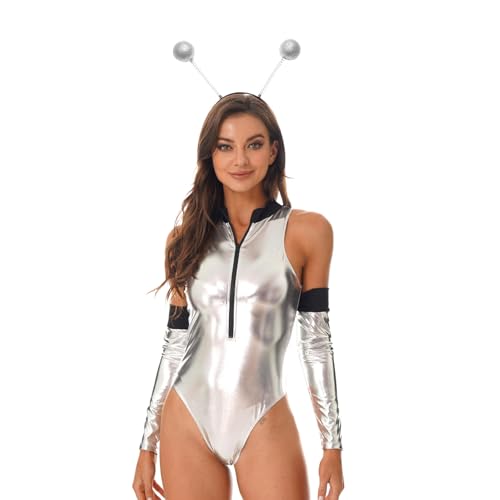 Jugaoge Damen Lack Leder Body Ärmellos Stringbody mit Neckholder Zipper Vorne Tanzbody + Lange Handschuhe + Alien Haarreifen Gogo Clubwear Silber L von Jugaoge