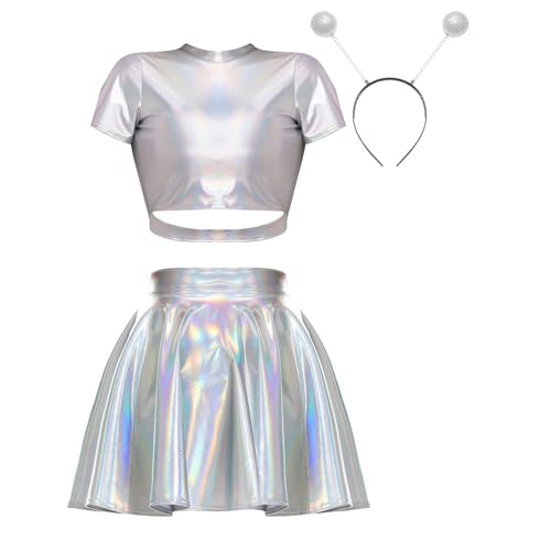 Jugaoge Damen Metallisch Crop Top Kurzarm Rundhals Tshirts und High Waist Lack Leder Rock mit Falten Plissee Stirnband Gogo Outfits Clubwear B Silber S von Jugaoge