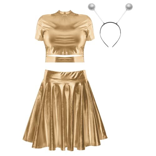 Jugaoge Damen Metallisch Crop Top Kurzarm Rundhals Tshirts und High Waist Lack Leder Rock mit Falten Plissee Stirnband Gogo Outfits Clubwear Gold L von Jugaoge