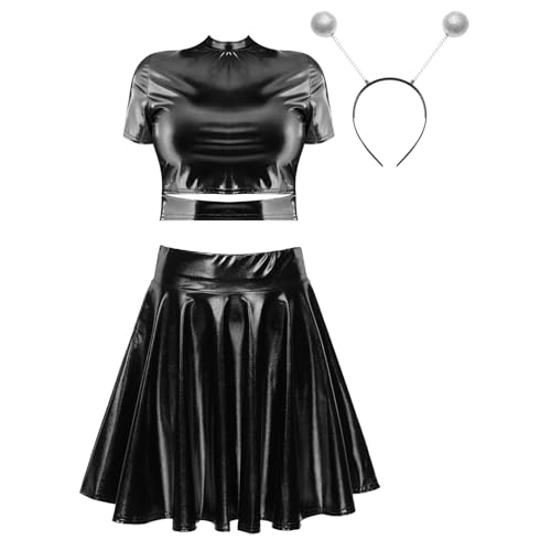 Jugaoge Damen Metallisch Crop Top Kurzarm Rundhals Tshirts und High Waist Lack Leder Rock mit Falten Plissee Stirnband Gogo Outfits Clubwear Schwarz M von Jugaoge