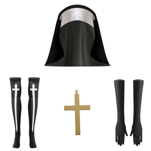 Jugaoge Damen Nonnen Kostüm Klosterfrau Uniformen Kleidung Zubehöre Set Horror Halloween Cosplay Outfits 4 Stücke Einheitsgröße von Jugaoge