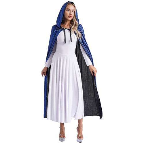 Jugaoge Damen Pailletten Kapuzenumhang Lang Hooded Cape zum Binden Festlich Poncho Tunika Jacke Mantel Weihnachten Neujahr Silvester Outfits Blau L von Jugaoge