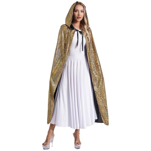 Jugaoge Damen Pailletten Kapuzenumhang Lang Hooded Cape zum Binden Festlich Poncho Tunika Jacke Mantel Weihnachten Neujahr Silvester Outfits Gold L von Jugaoge