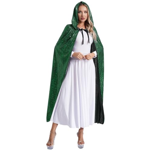 Jugaoge Damen Pailletten Kapuzenumhang Lang Hooded Cape zum Binden Festlich Poncho Tunika Jacke Mantel Weihnachten Neujahr Silvester Outfits Grün L von Jugaoge