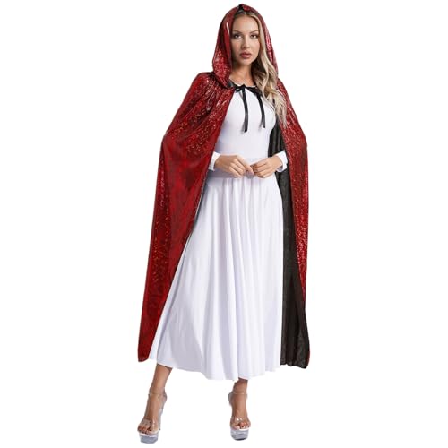 Jugaoge Damen Pailletten Kapuzenumhang Lang Hooded Cape zum Binden Festlich Poncho Tunika Jacke Mantel Weihnachten Neujahr Silvester Outfits Rot M von Jugaoge