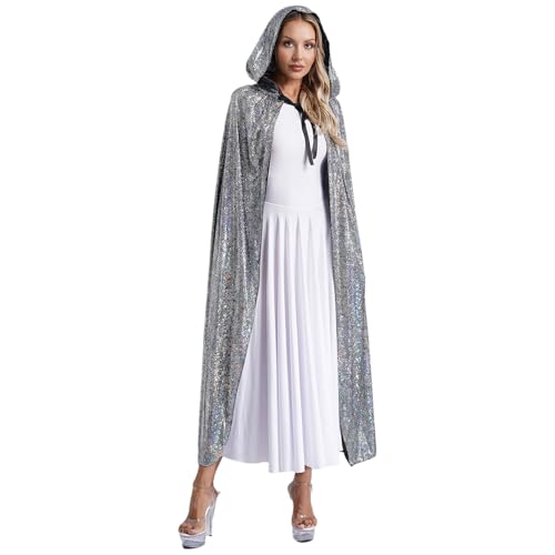 Jugaoge Damen Pailletten Kapuzenumhang Lang Hooded Cape zum Binden Festlich Poncho Tunika Jacke Mantel Weihnachten Neujahr Silvester Outfits Silber L von Jugaoge