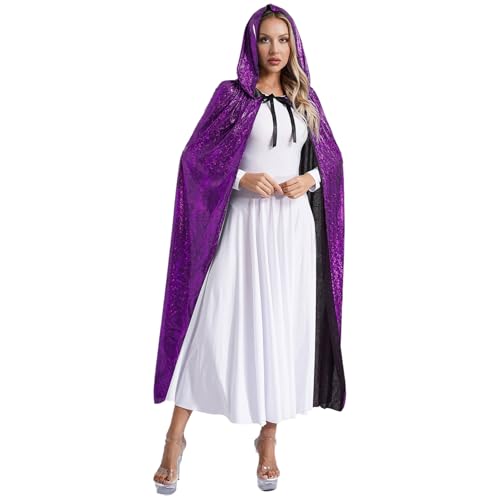 Jugaoge Damen Pailletten Kapuzenumhang Lang Hooded Cape zum Binden Festlich Poncho Tunika Jacke Mantel Weihnachten Neujahr Silvester Outfits Violett L von Jugaoge