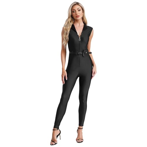 Jugaoge Damen Polizei Kostüm Ärmellos Jumpsuit Overall mit Lack Leder Gürtel Slim Fit Stretch Einteiler Beruftskleidung Gogo Outfits Clubwear Schwarz 4XL von Jugaoge