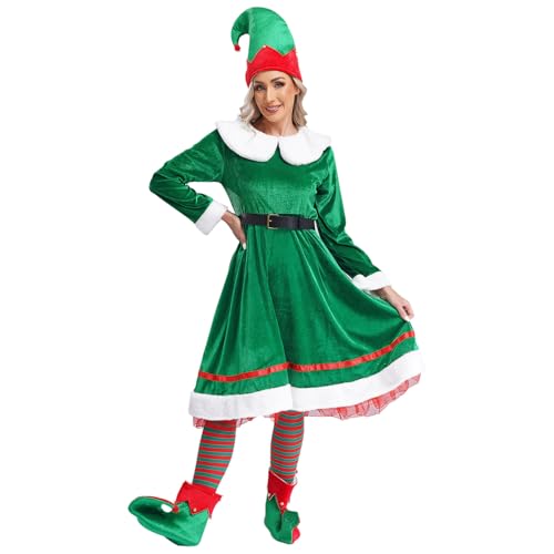 Jugaoge Damen Weihnachtselfen Kleid Elfen Kostüm Langarm Samt Kleid mit Wichtel Mütze Schuhe Gürtel Streifen Strümpfe Weihnachtskostüm Grün 3XL von Jugaoge