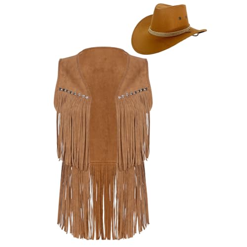 Jugaoge Damen Western Cowgirl Kostüm Wildleder Weste mit Fransen Cowboy Hut Retro Hippie Cosplay Motto Party Outfits Braun L von Jugaoge