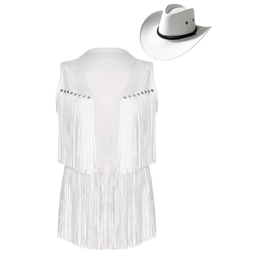 Jugaoge Damen Western Cowgirl Kostüm Wildleder Weste mit Fransen Cowboy Hut Retro Hippie Cosplay Motto Party Outfits Weiß S von Jugaoge