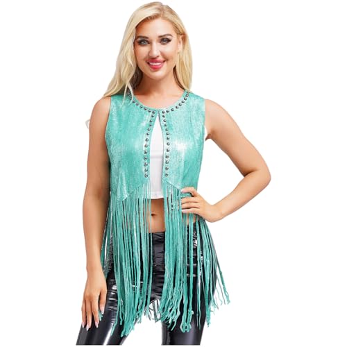 Jugaoge Damen Western Cowgirl Outfits Pailletten Weste mit Fransen Retro Gilet Tank Top 60er 70er Jahre Hippie Kostüm Gogo Clubwear Minzgrün M von Jugaoge