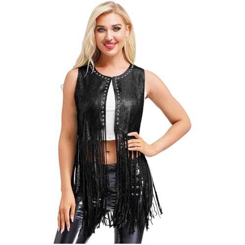 Jugaoge Damen Western Cowgirl Outfits Pailletten Weste mit Fransen Retro Gilet Tank Top 60er 70er Jahre Hippie Kostüm Gogo Clubwear Schwarz L von Jugaoge