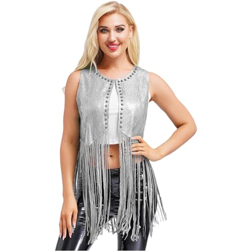 Jugaoge Damen Western Cowgirl Outfits Pailletten Weste mit Fransen Retro Gilet Tank Top 60er 70er Jahre Hippie Kostüm Gogo Clubwear Silber L von Jugaoge