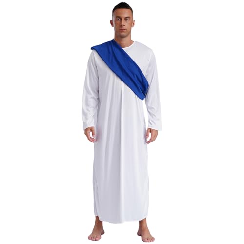 Jugaoge Herren Cosplay Kostüm im Antiken griechischen Prinz Stil Langarm Toga Kleid Maxi Lang Robe mit Schultertuch Jesus Christus Uniform für Halloween Party XS-3XL Blau XL von Jugaoge