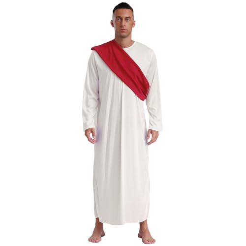 Jugaoge Herren Cosplay Kostüm im Antiken griechischen Prinz Stil Langarm Toga Kleid Maxi Lang Robe mit Schultertuch Jesus Christus Uniform für Halloween Party XS-3XL Rot 3XL von Jugaoge