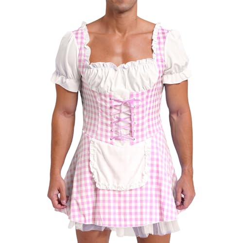 Jugaoge Herren Dienstmädchen Kleid Kariert Nachthemd Kurze Puffärmel Sommer Babydoll mit Schürze Schnürkleid Gothic Mittelalter Crossdresser Cosplay Kostüm Rosa XXL von Jugaoge