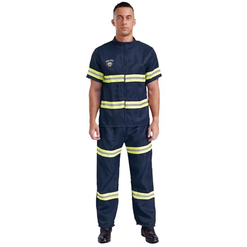 Jugaoge Herren Feuerwehrmann Kostüm Komplettes Set Kurzarm Hemd und Lange Hose mit Reflektierende Streifen + Feuerwehrhelm Motto Party Cosplay Outfits Navy blau M von Jugaoge