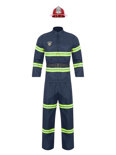 Jugaoge Herren Feuerwehrmann Kostüm Komplettes Set Langarm Hemd und Lange Hose mit Reflektierende Streifen + Feuerwehrhelm Uniformen Cosplay Outfits Navy blau L von Jugaoge