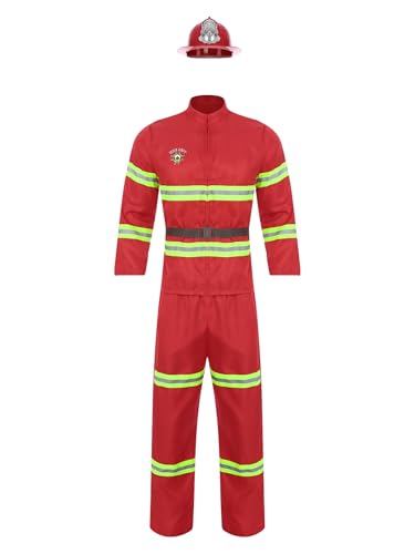 Jugaoge Herren Feuerwehrmann Kostüm Komplettes Set Langarm Hemd und Lange Hose mit Reflektierende Streifen + Feuerwehrhelm Uniformen Cosplay Outfits Rot XS von Jugaoge