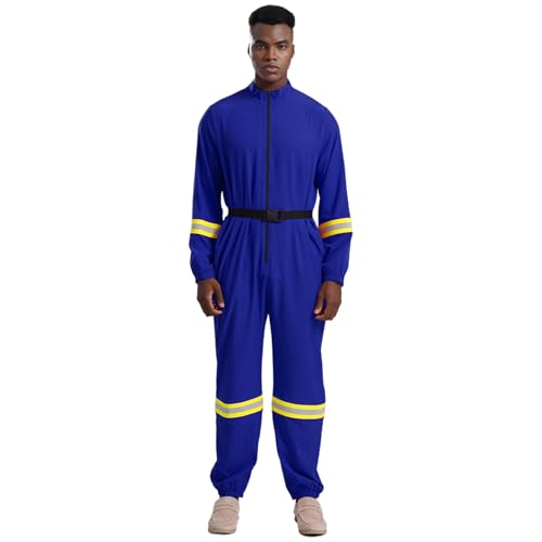 Jugaoge Herren Feuerwehrmann Kostüm Langarm Coverall Arbeitsoverall mit Reflektierende Streifen Einteiler Uniformen Motto Party Cosplay Outfits Blau 3XL von Jugaoge