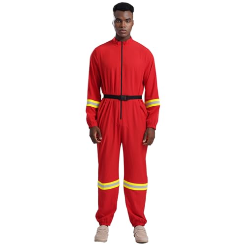 Jugaoge Herren Feuerwehrmann Kostüm Langarm Coverall Arbeitsoverall mit Reflektierende Streifen Einteiler Uniformen Motto Party Cosplay Outfits Rot 3XL von Jugaoge