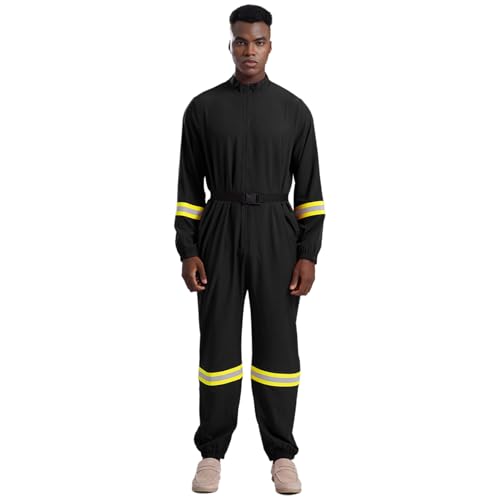 Jugaoge Herren Feuerwehrmann Kostüm Langarm Coverall Arbeitsoverall mit Reflektierende Streifen Einteiler Uniformen Motto Party Cosplay Outfits Schwarz 3XL von Jugaoge