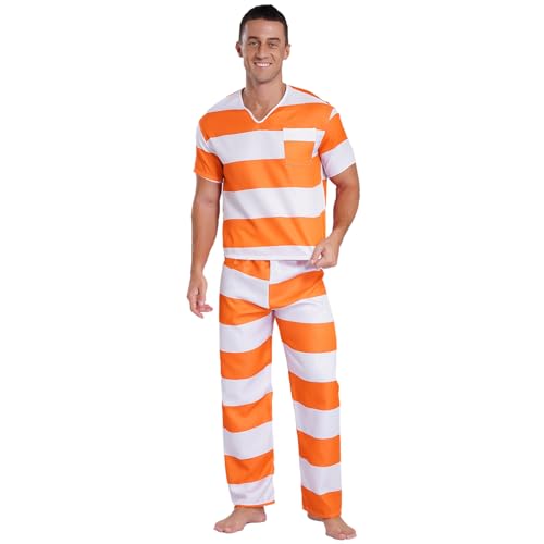 Jugaoge Herren Gefangener Kostüm Sträfling Uniformen Streifen Kurzarm Tshirt und Lange Hose Häftlingen Gefängnisausbruch Halloween Cosplay Outfits Orange L von Jugaoge