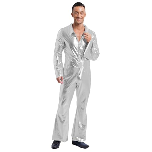 Jugaoge Herren Glänzend Ganzkörperanzug Lackleder Optik Langarm Hemd Kentkragen Bluse mit Zipper Front und Lange Ausgestellt Hose Einteiler Clubwear Silber 3XL von Jugaoge