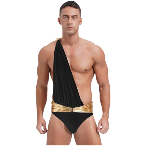 Jugaoge Herren Griechisches Römisches Gott Kostüm Ein-Schulter Body Bodysuit mit Goldene Stoffgürtel Halloween Motto Party Festzug Outfits gr. S-3XL Schwarz S von Jugaoge