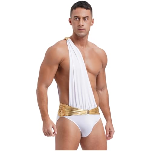 Jugaoge Herren Griechisches Römisches Gott Kostüm Ein-Schulter Body Bodysuit mit Goldene Stoffgürtel Halloween Motto Party Festzug Outfits gr. S-3XL Weiß L von Jugaoge