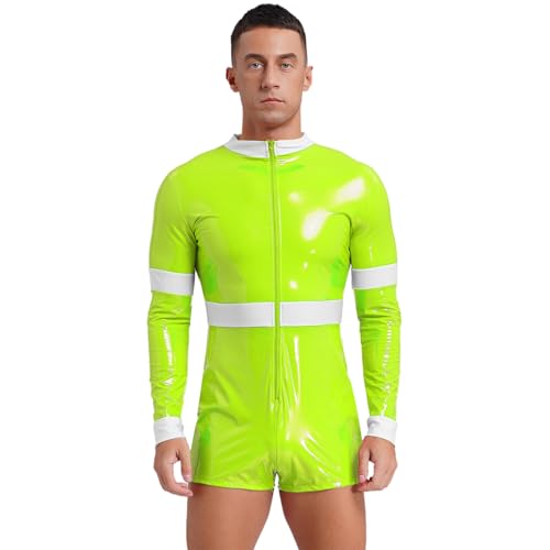 Jugaoge Herren Halloween Feuerwehrmann Kostüm Glänzend Jumpsuit Langarm Body mit Bein Zipper Slim Fit Stretch Overall Party Clubwear Fluoreszierendes Gelb 4XL von Jugaoge