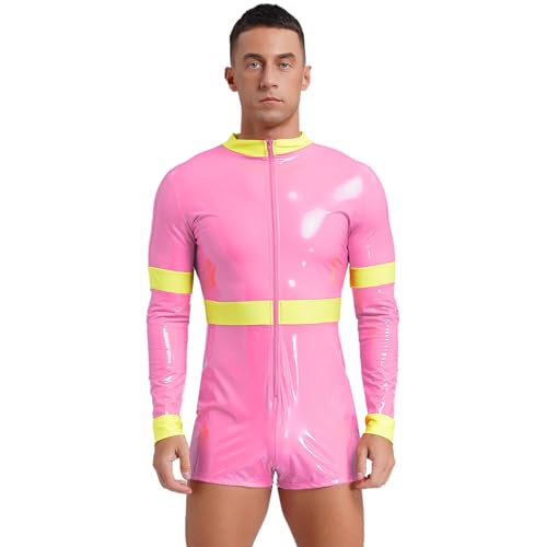 Jugaoge Herren Halloween Feuerwehrmann Kostüm Glänzend Jumpsuit Langarm Body mit Bein Zipper Slim Fit Stretch Overall Party Clubwear Rosa L von Jugaoge