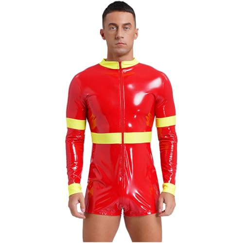 Jugaoge Herren Halloween Feuerwehrmann Kostüm Glänzend Jumpsuit Langarm Body mit Bein Zipper Slim Fit Stretch Overall Party Clubwear Rot L von Jugaoge