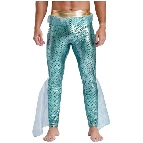 Jugaoge Herren Meerjungmann Kostüm Fischschuppen Print Hose Slim Fit Leggings mit Mesh Schlag Glänzend Anzughose Motto Party Clubwear Minzgrün 4XL von Jugaoge