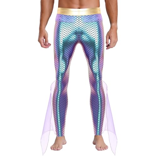 Jugaoge Herren Meerjungmann Kostüm Fischschuppen Print Hose Slim Fit Leggings mit Mesh Schlag Glänzend Anzughose Motto Party Clubwear Violett L von Jugaoge