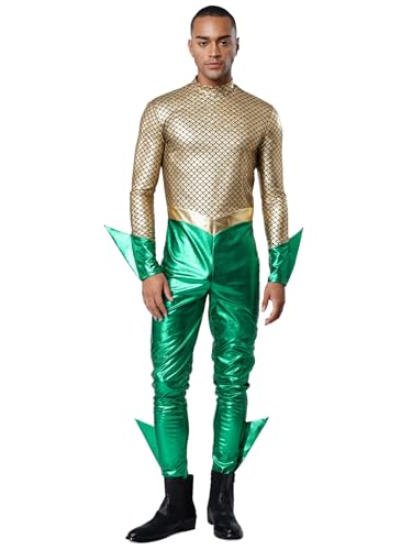 Jugaoge Herren Meerjungmann Kostüm Fischschuppen Print Jumpsuit Slim Fit Overall mit Rüschen Glänzend Ganzkörperanzug Body Motto Party Clubwear Goldgrün L Jugaoge Herren Meerjungmann Kostüm Fischschuppen Print Jumpsuit Slim Fit Overall mit Rüschen Glänzend Ganzkörperanzug Body Motto Party Clubwear Goldgrün L von Jugaoge