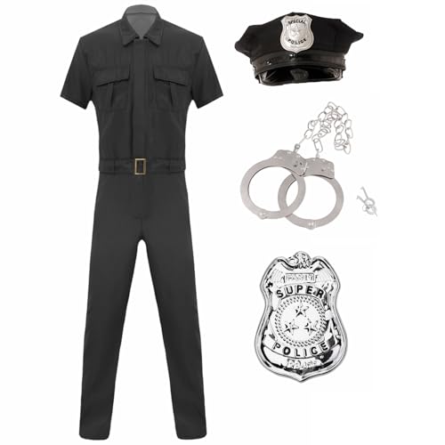 Jugaoge Herren Polizei Kostüm Set Kurzarm Jumpsuit Overall Kurzarm Hemd und Lange Hose mit Mütze und Zubehöre Cosplay Outfits Motto Party Clubwear Schwarz 3XL von Jugaoge