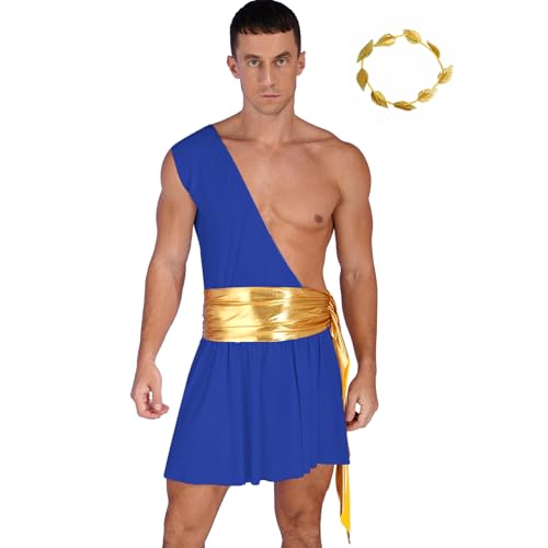 Jugaoge Herren Römischer Kaiser Caesar Kostüm Toga Götter Tunika Top mit Gladiator Rock + Krone Helden des Antiken Griechenlands Erwachsenenkostüm Blau 3XL von Jugaoge