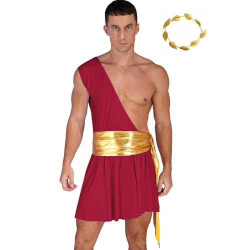 Jugaoge Herren Römischer Kaiser Caesar Kostüm Toga Götter Tunika Top mit Gladiator Rock + Krone Helden des Antiken Griechenlands Erwachsenenkostüm Burgundy S von Jugaoge