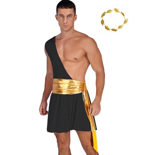 Jugaoge Herren Römischer Kaiser Caesar Kostüm Toga Götter Tunika Top mit Gladiator Rock + Krone Helden des Antiken Griechenlands Erwachsenenkostüm Schwarz L von Jugaoge