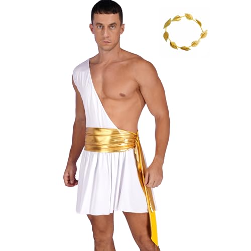 Jugaoge Herren Römischer Kaiser Caesar Kostüm Toga Götter Tunika Top mit Gladiator Rock + Krone Helden des Antiken Griechenlands Erwachsenenkostüm Weiß L von Jugaoge