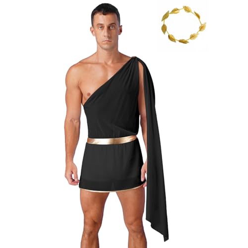 Jugaoge Herren Römischer Kaiser Kostüm Caesar Toga Gewand Tunika Kleid mit Gladiator Rock Lorbeerkranz Krone Griechisch Haarschmuck Erwachsenenkostüm Schwarz S von Jugaoge