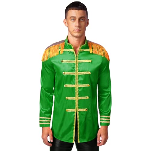 Jugaoge Herren Satin Glanz Jacke Zirkus Uniformen Langarm Blazer Goldener Saum Anzugjacke Halloween Cosplay Outfits Bühne Show Oberbekleidung Grün L von Jugaoge