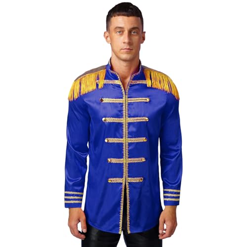 Jugaoge Herren Satin Glanz Jacke Zirkus Uniformen Langarm Blazer Goldener Saum Anzugjacke Halloween Cosplay Outfits Bühne Show Oberbekleidung Königsblau M von Jugaoge