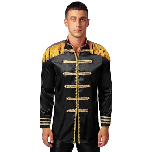 Jugaoge Herren Satin Glanz Jacke Zirkus Uniformen Langarm Blazer Goldener Saum Anzugjacke Halloween Cosplay Outfits Bühne Show Oberbekleidung Schwarz XL von Jugaoge